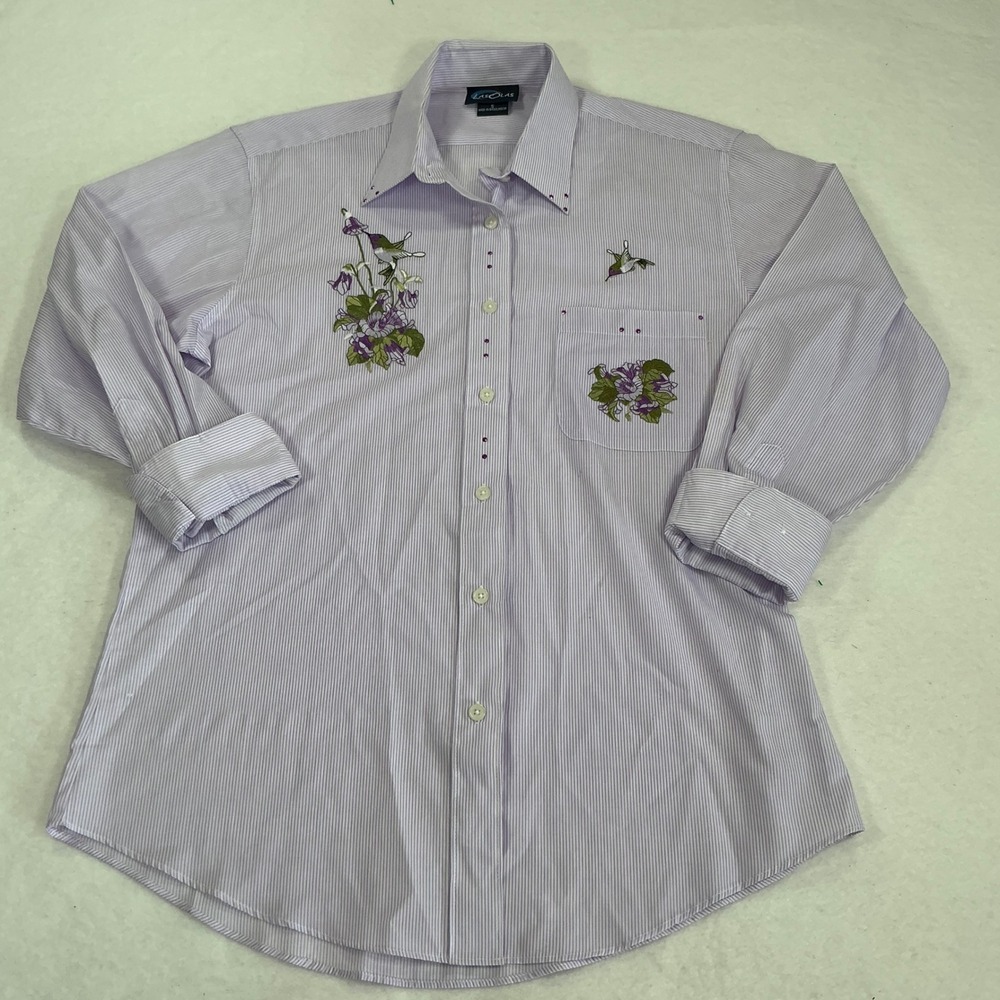 Las Olas Purple Pinstripe Hummingbird Floral Embroidered Button Down Shirt S